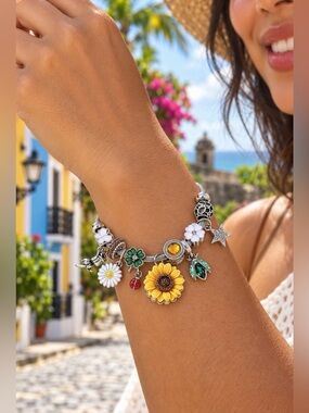Silver Floral Sunflower Charm Bracelet - Yellow & Green-Stainlees Steel🌺
